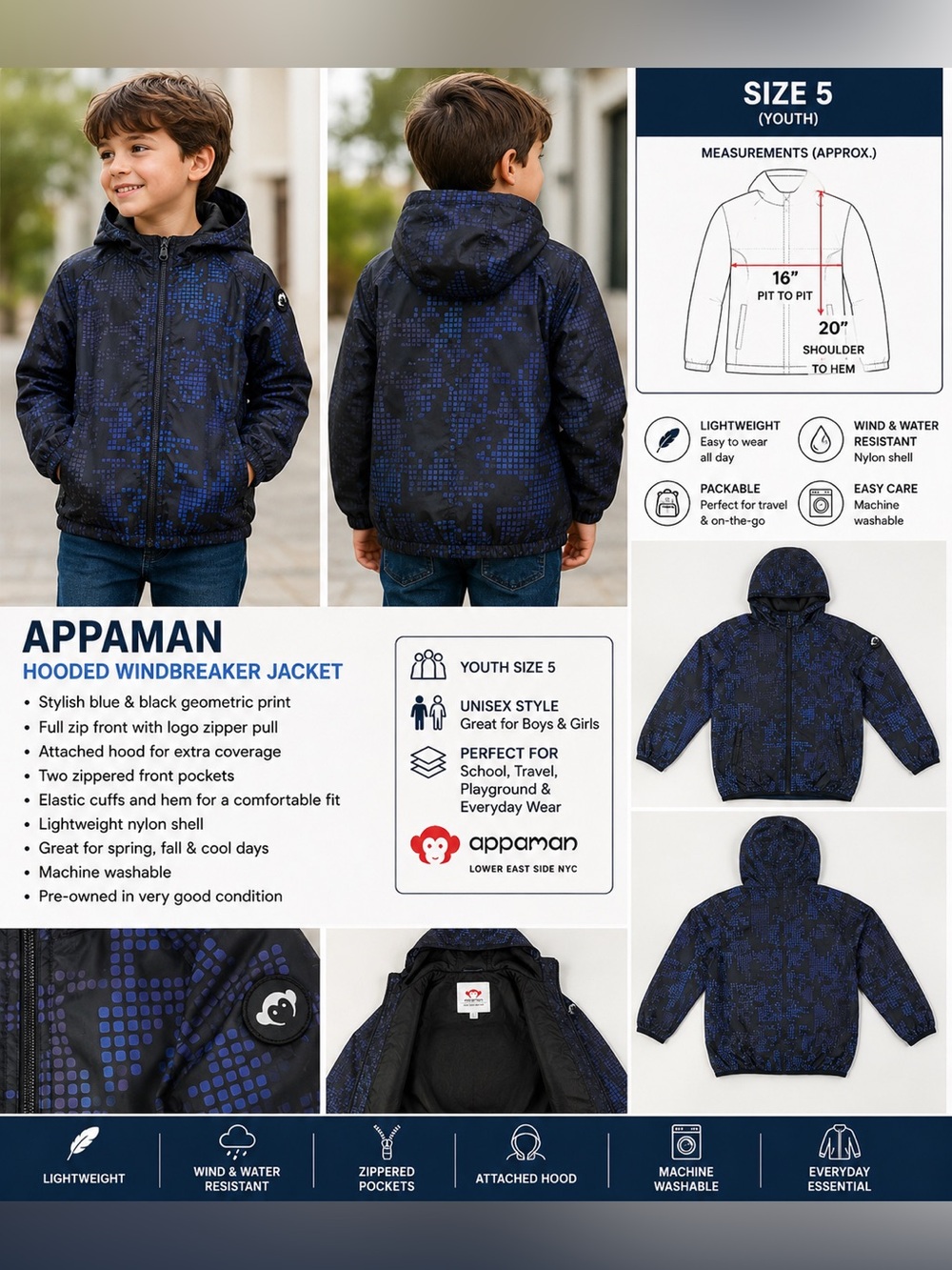 Appaman Kids Hooded Windbreaker Jacket Size 5 Blue Black Geometric Full Zip